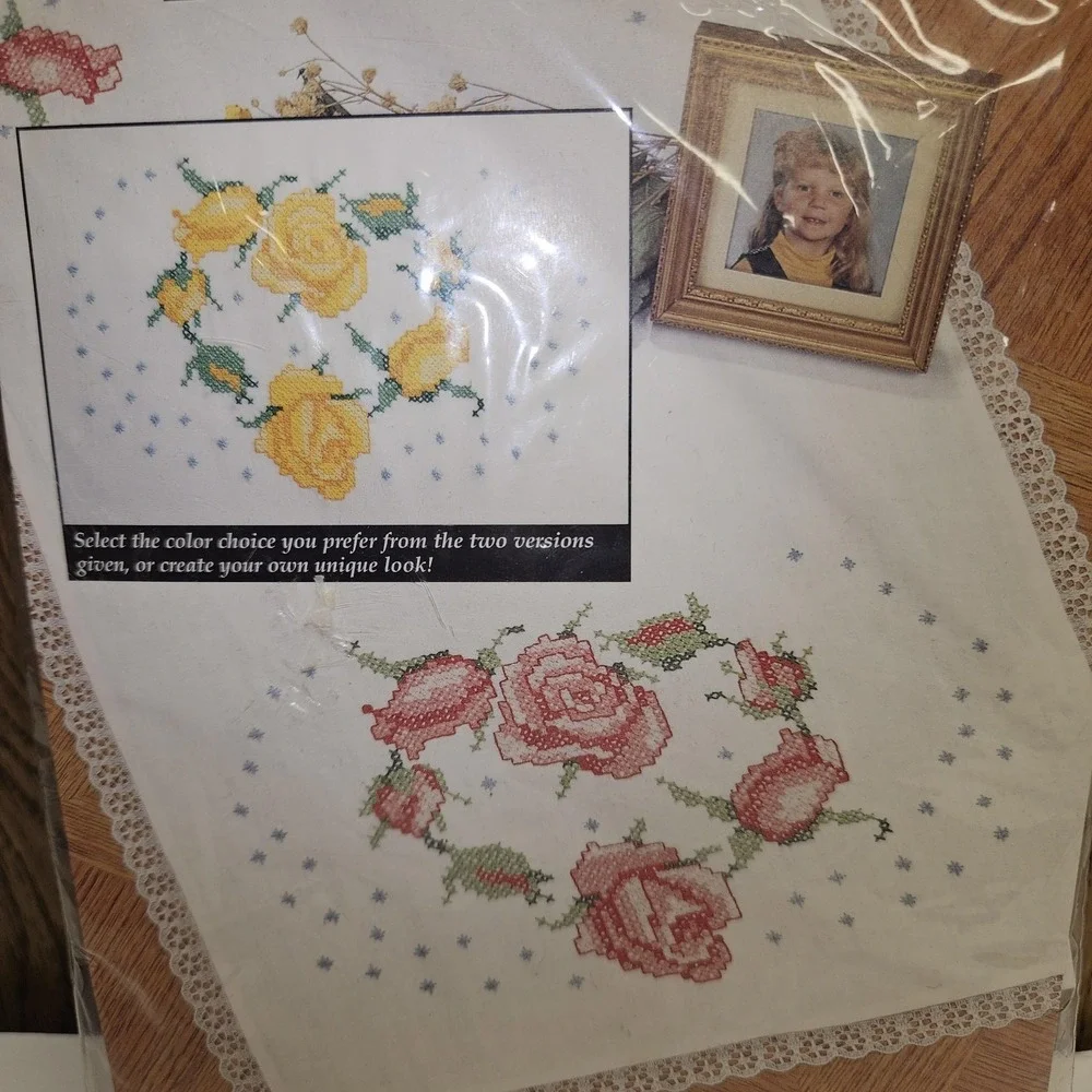 Vintage Bucilla Heart of Roses Dresser Scarf Stamped Cross Stitch Kit‎ 64452